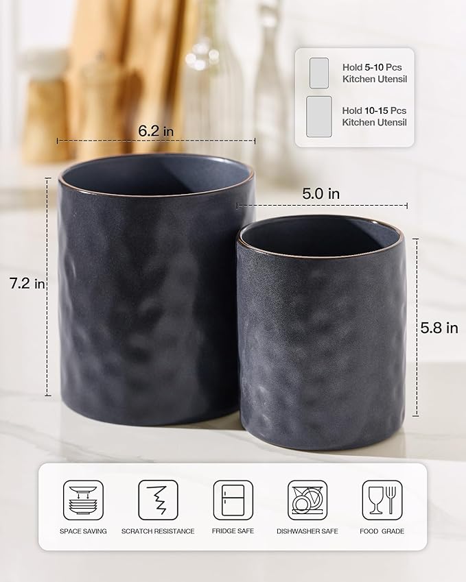 famiware Ocean Utensil Holder, 7.2"+5.8" Ceramic Kitchen Utensil Holder for Countertop, 2 Pieces Cooking Utensil Crocks, Utensil Organizer for Spatula & Spoon, Kitchen, Set of 2, Matte Dark Charcoal