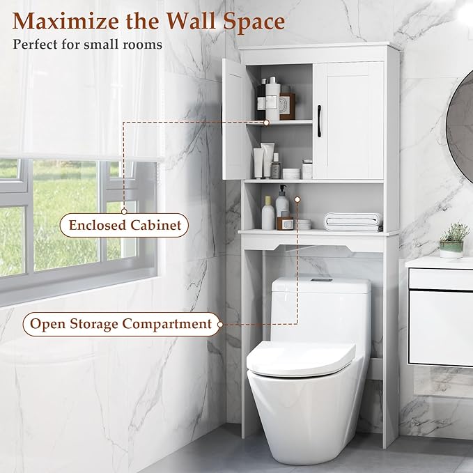 Giantex Over The Toilet Storage Cabinet, Double Door Space Saver Above Toilet with Adjustable Shelf & Open Storage Cube, Over Toilet Bathroom Organizer for Restroom, Laundry Room, White