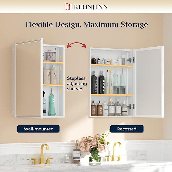 Keonjinn 24” x 30” White Bathroom Medicine Cabinets with Mirror Recessed or Surface Wall-Mounted Aluminum Alloy Metal Framed Beveled Bathroom Mirror, Large Single Door Farmhouse Storage Cabinet Mirror