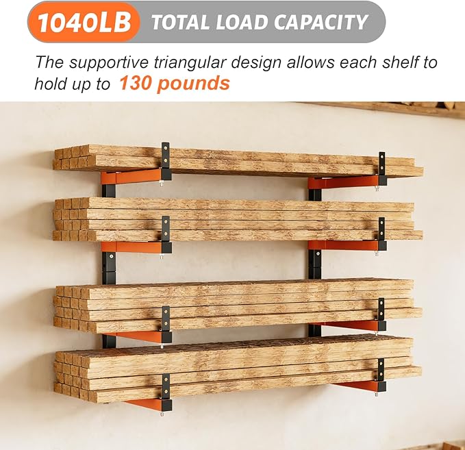 32" Lumber Storage Rack, Upgrade Folding Lumber Rack Wall Mount, Heavy Duty Adjustable Metal 8 Level Wood Storage Rack for Garage Storage Organization, 4 Packs