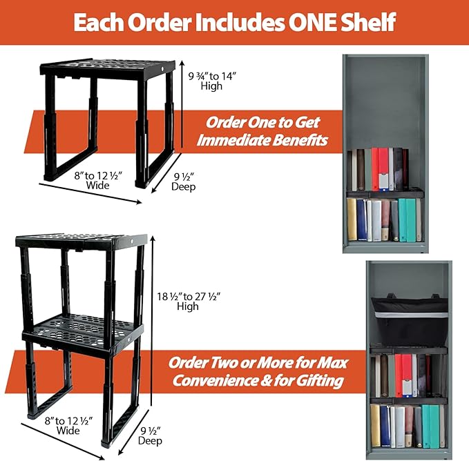 Locker Organizer Shelf， Adjustable Width and Height, Stackable, Ideal Locker Shelf for School, Office, Gym Lockers, or Even Kitchen Cabinets & Under Sink Organization (White 2 Pack)