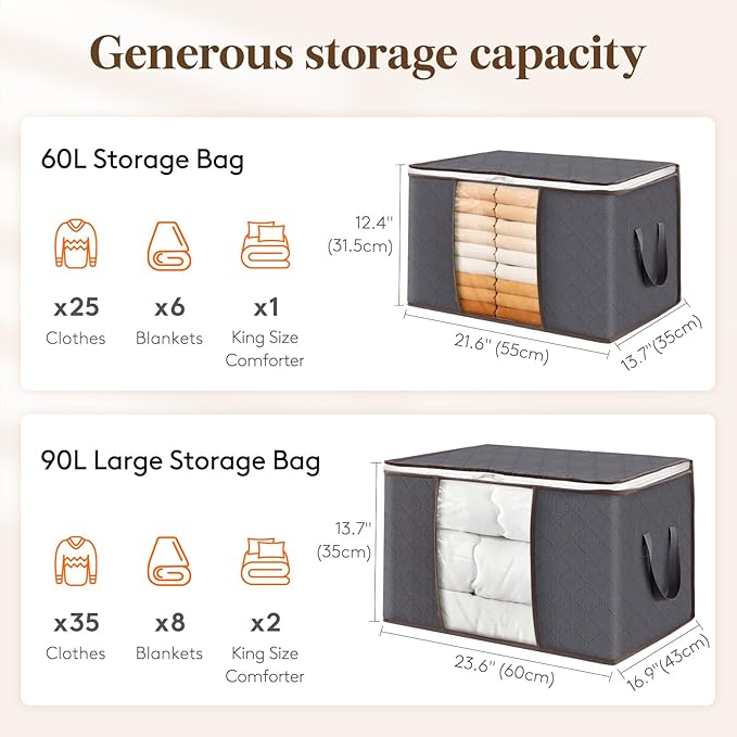 Lifewit 4 Pack 90L Clothes Storage Bins with Lids, Foldable Blanket Storage Bags with Zippers, Clear Window and Reinforced Handles, Closet and Organization for Clothing, Sweater, Comforter, Bedding