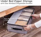 AARAINBOW Foldable Under Bed Clothes Organizer with Lid, Underbed Storage Container with Adjustable Dividers, Clear Window, Gray