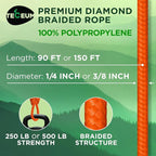 TECEUM Rope – 90 Feet x 1/4 Inch (7mm) – Orange – Strong All-Purpose Utility Rope – Camping, Crafting, Flag Pole, Indoor & Outdoor – Polypropylene Nylon Poly Lightweight Diamond Braided Cord