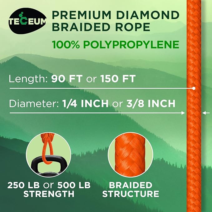 TECEUM Rope – 90 Feet x 1/4 Inch (7mm) – Orange – Strong All-Purpose Utility Rope – Camping, Crafting, Flag Pole, Indoor & Outdoor – Polypropylene Nylon Poly Lightweight Diamond Braided Cord