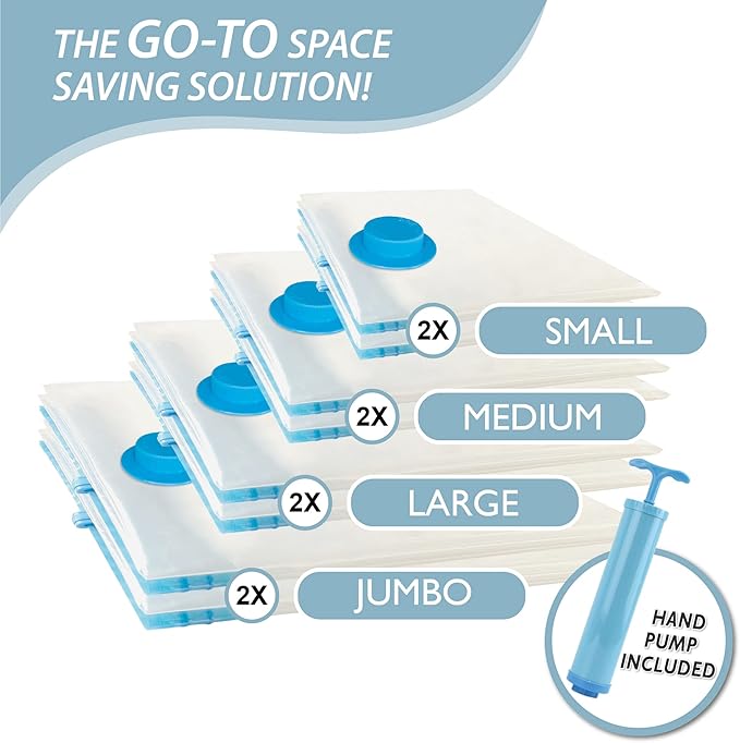 Cozy Essential Vacuum Storage Bags, Compression Space Saver Bags for Clothes, Comforters, Blankets, Pillow, Bedding, Sealer Clothing Storage,8 Combo