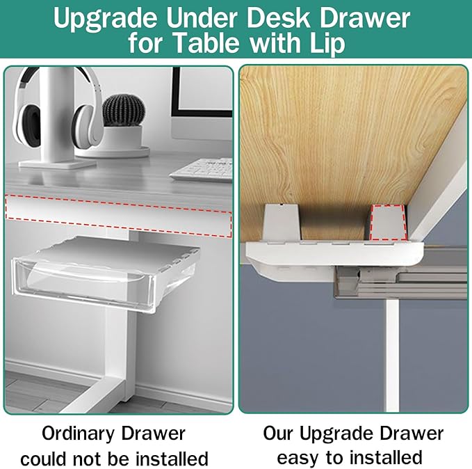 Upgrade Under Table Drawer with Lip, Office Attachable Plastic Desk Accessories & Workspace Organizers, Hidden Under Table Storage Organizer Pencil Tray Drawer Slide Out
