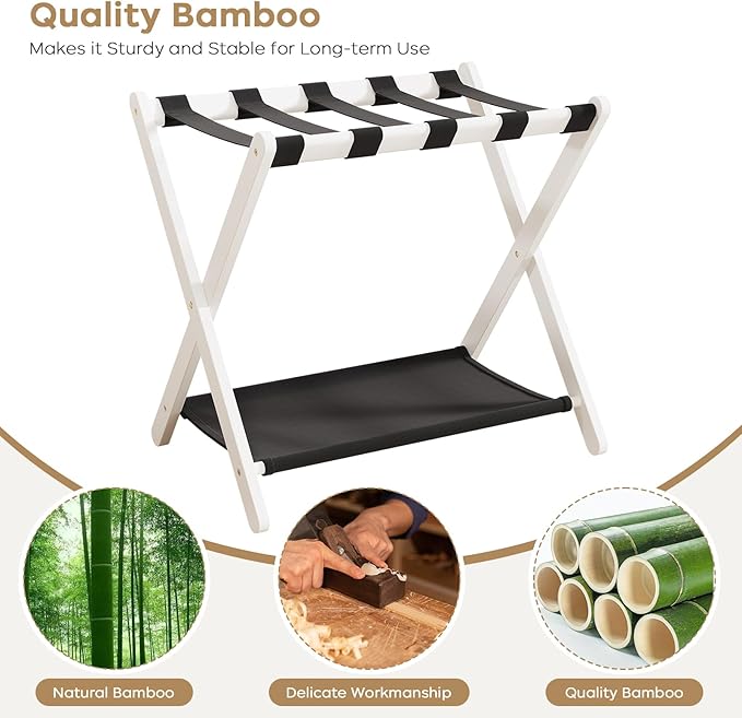 Fully Assembled Luggage Rack, 26.77" Folding Suitcase Stand with Storage Shelf, Bamboo Luggage Stand for Guest Room, Bedroon and Hotel, Holds up to 165 lb, Fit Most Luggage Size, 1 Pack, White
