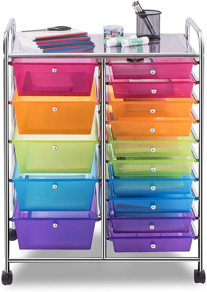 Giantex 15 Drawer Rolling Storage Cart Tools Scrapbook Paper Office School Organizer, Multicolor