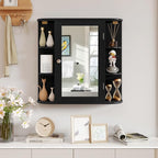 Tangkula Bathroom Medicine Cabinet with Mirror, Modern Wall Mounted Space-Saving Storage Organizer with Mirrored Door, 4 Internal Shelves & 6 Open Side Shelves, Bathroom Wall Cabinet (Black)