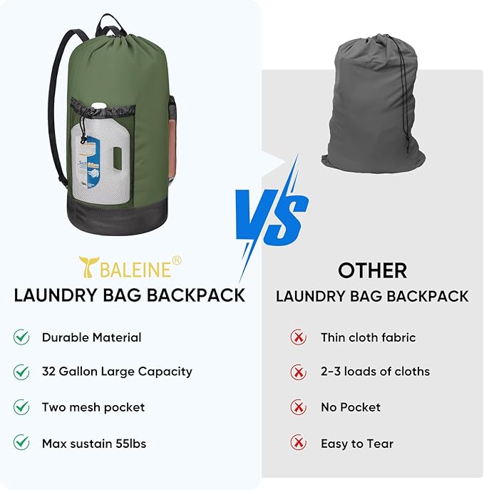 BALEINE 2PK 150L Laundry Bag Backpack, 900D Oxford Fabric Large Travel Laundry Bags with Shoulder Straps and 2 Mesh Pockets for College Dorm, Apartment, Laundromat (Green, 150L)