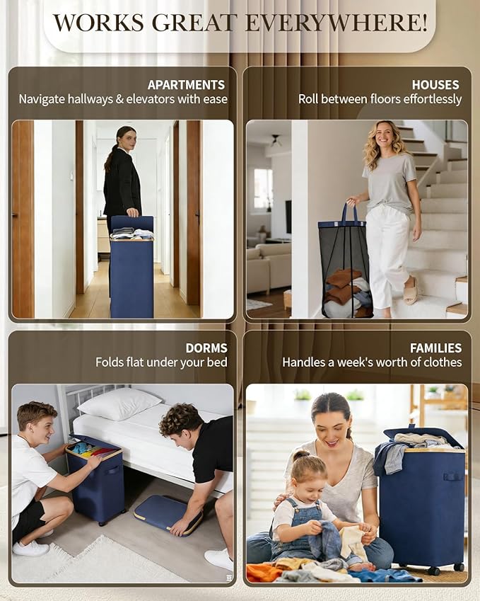 Laundry Hamper with Wheels, 75L Large Clothes Hamper with Removable Inner Bag, Collapsible Dirty Clothes Basket for Dorm, Rolling Dirty Clothes Basket for, Bedroom, Bathroom, Laundry Room