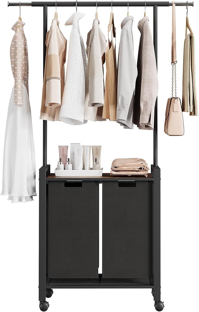 Large Laundry Hamper With Hanging Clothes Rack –2-Section Rolling Laundry Basket With Removable Pull-Out Sorting Bags, Wheeled Organizer for Laundry Room, Bathroom & Bedroom（2 Hampers, black）