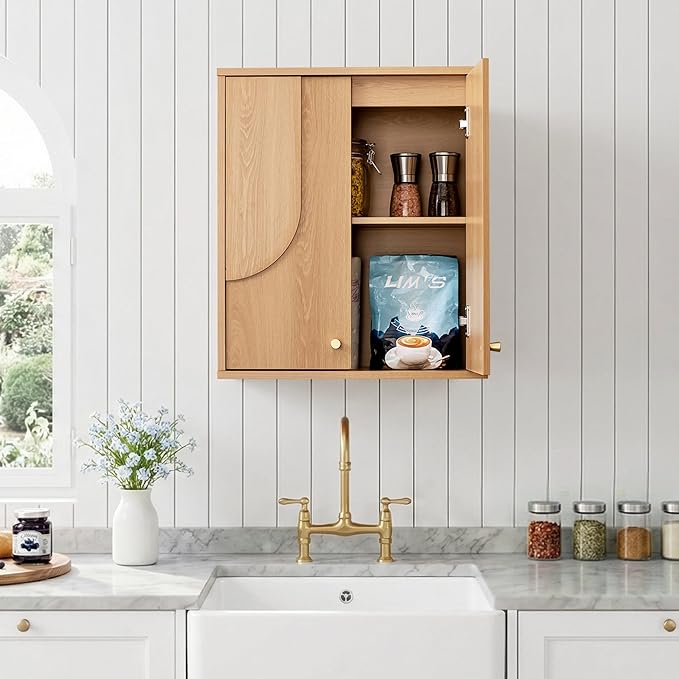 Arched Wood Medicine Cabinet with Soft Close - Premium 25 Lbs Japandi Wall Cabinet - French Cleat Over The Toilet Organizer for Bathroom, Coffee Bar & Entryway