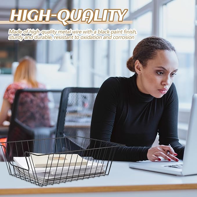 Yeaqee 12 Pcs Letter Tray Wire Paper Trays Black Stackable File Desk Organizer 16.5'' x 12'' x 5'' Metal File Paper Basket Holder for Desk Office Home Classroom School