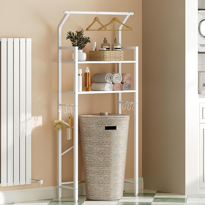 2-Tier Over The Toilet Storage, Multifunctional Vertical Over Toilet Bathroom Organizer, Freestanding Bathroom Storage Shelves with Hooks, Bathroom Organizer, Rustic Brown and Black TR01WT