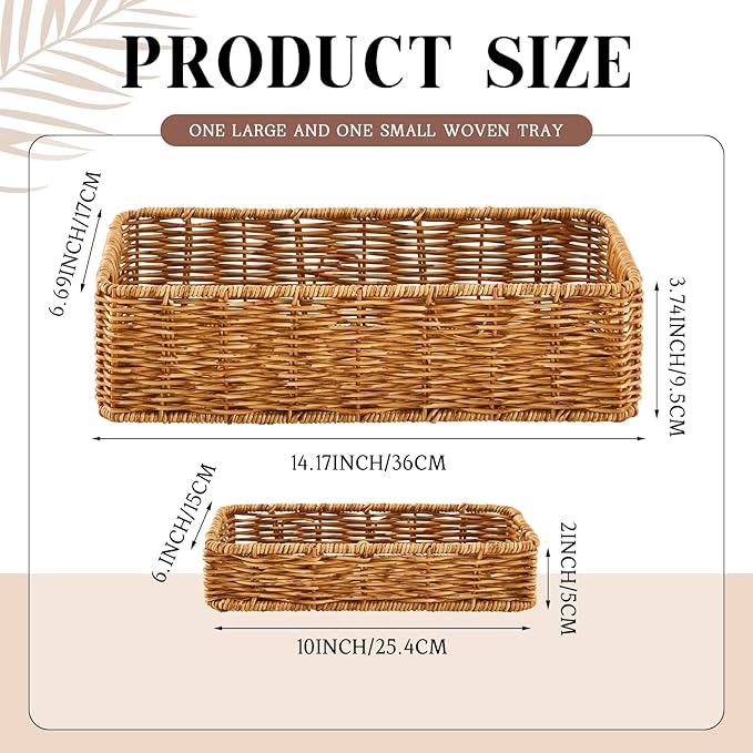 2 Pcs Toilet Paper Basket for Back of Toilet Wicker Anti-Vine Basket Topper and Vanity Tray Set with Built-in Handles for Paper Hand Towel, Bathroom, Home, Spa(Dark Brown)
