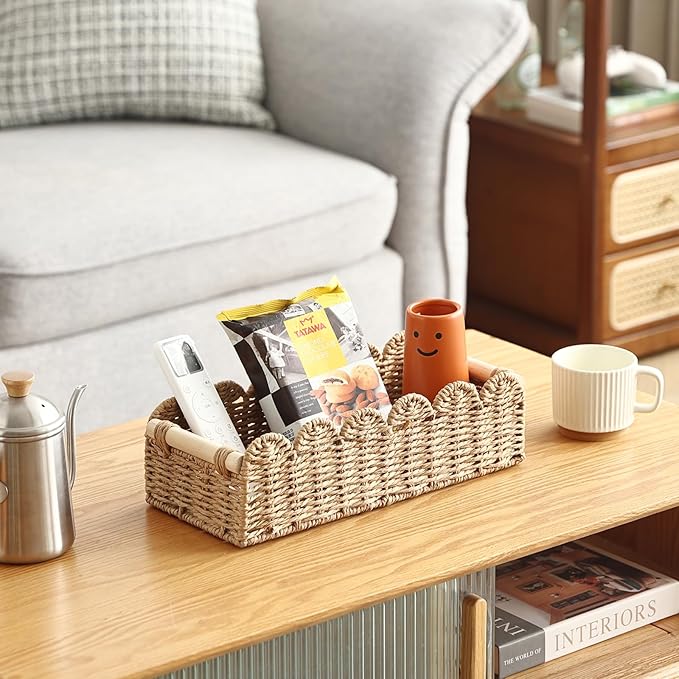 Bathroom Basket Organizer Toilet Paper Storage Basket Rectangle Basket with 2 Wooden Handle Wicker Storage Baskets for Shelves Back of Toilet Baskets Natural