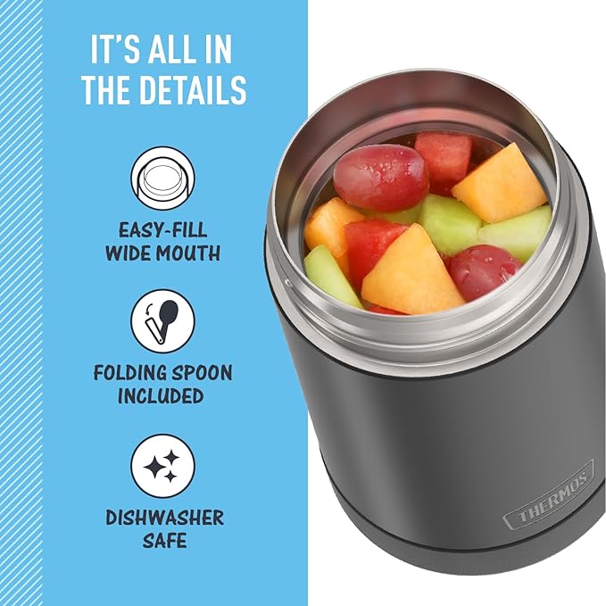 THERMOS FUNTAINER Insulated Stainless Steel Food Jar, 16 Ounce, Kids Lunch with Foldable Spoon, Push-Button Lid, Matte Black