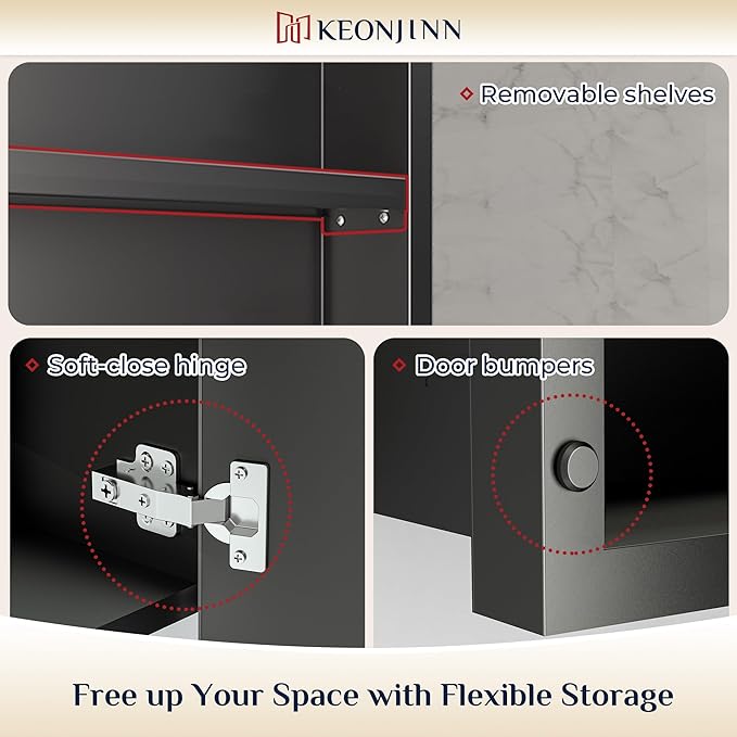 Keonjinn 48” x 30” Medicine Cabinets with Mirror for Bathroom Recessed or Surface Wall-Mounted Aluminum Alloy Framed Beveled Mirror with Soft Close Hinge, 3 Doors Silver Storage Cabinet