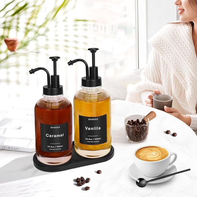 Glass Coffee Dispenser - 16.9oz, Black Scoop, 36 Labels, Bamboo Tray & Pump, 2-Pack