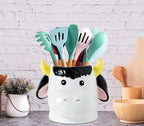 Cow Kitchen Utensil Holder For Countertop Ceramic Utensil Crock For Kitchen Countertop, White Pink Decor Cute Farmhouse Storage Organizer For Forks, Spoons & Cooking Tools