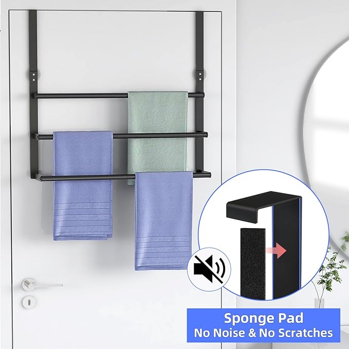 Over The Door Towel Rack, Over Door Towel Racks for Bathroom Door, 3 Tier Towel Storage Hanger Holder for Bathroom Accessories, 24 Inch Towel Bar for Hanging Towels, Black