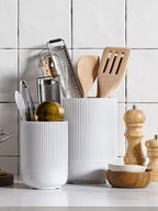 LE TAUCI Utensil Holder for Kitchen Counter, 7.3"+5.4" Fluted Ceramic Utensil Crock Organizer for Countertop, Heavy Large Holder for Spatulas, Spoons, Set of 2, White, Kitchen Counter Decor