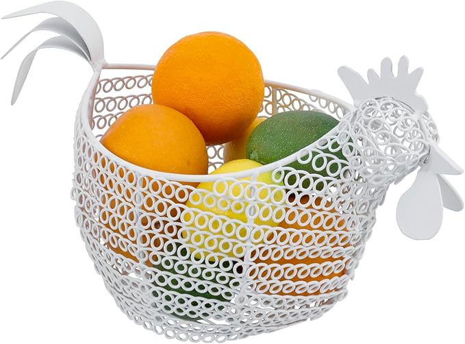 MyGift Modern Matte White Metal Wire Egg Storage Basket in Decorative Chicken Shaped Design, Farmhouse Container for Gathering Fresh Eggs and Easter Decor