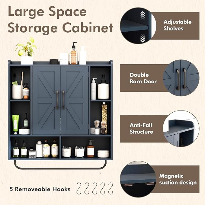 RUSTOWN Rustic Wood Wall Bathroom Cabinet, Farmhouse Medicine Cabinet Wall Mounted, Space Saving Wall Storage Cabinet with 2 Barn Door, 3-Tier Adjustable Shelves and Towel Bar(Navy Blue)