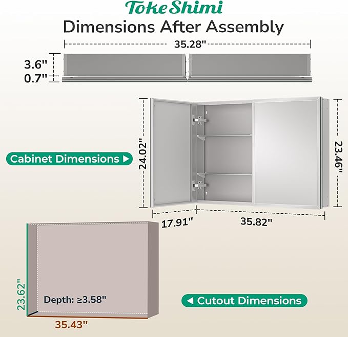 TokeShimi 36 x 24 Medicine Cabinet for Bathroom with Mirror, Assembly Required, Wall Mounted Medicine Cabinet with Tempered Beveled Mirror, Stepless Adjustable Shelves, DTC Hinge