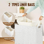 Greenstell Laundry Hamper with Lid, 125L Large Clothes Hamper with 3 Section & 2 Section Removable Liner Bags & 5 Mesh Laundry Bags, Handwoven Synthetic Rattan Divided Laundry Basket, White