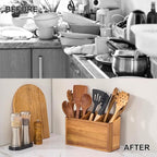 Wooden Utensil Holder for Kitchen Counter, Acacia Wood Kitchen Utensil Holder for Countertop with 4 Compartment, Cooking Utensil Organizer, Silverware Caddy (Acacia Wood, 3Compartment)