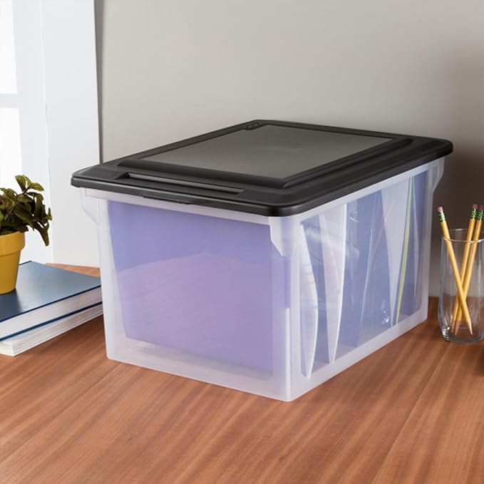Sterilite File Box, Stackable Storage Bin with Lid, Organize Receipts, Bills, Taxes and Papers in the Home, Office, Clear Base with Black Lid, 12-Pack