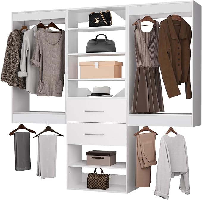 ROOMTEC Modular Closet System, 66" Wall Mounted Closet Organizer with Hanging Rods and Drawers, Wooden Tower for Walk-In Closets, Wardrobe Storage Kit, White