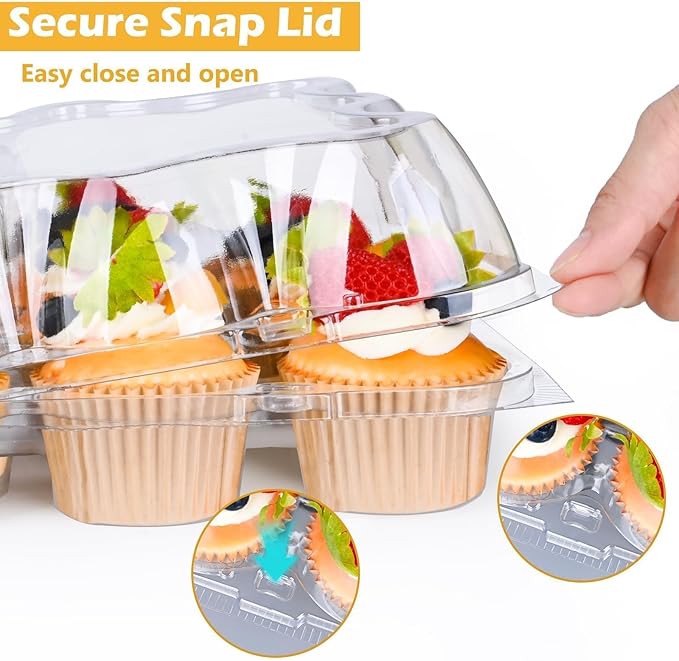Plastic Cupcake Containers 12 Count (20 Sets), Stackable Cupcake Boxes Holders with Tall Dome Lid, Disposable Cupcake Carrier Trays Include 240 Cupcake Liners