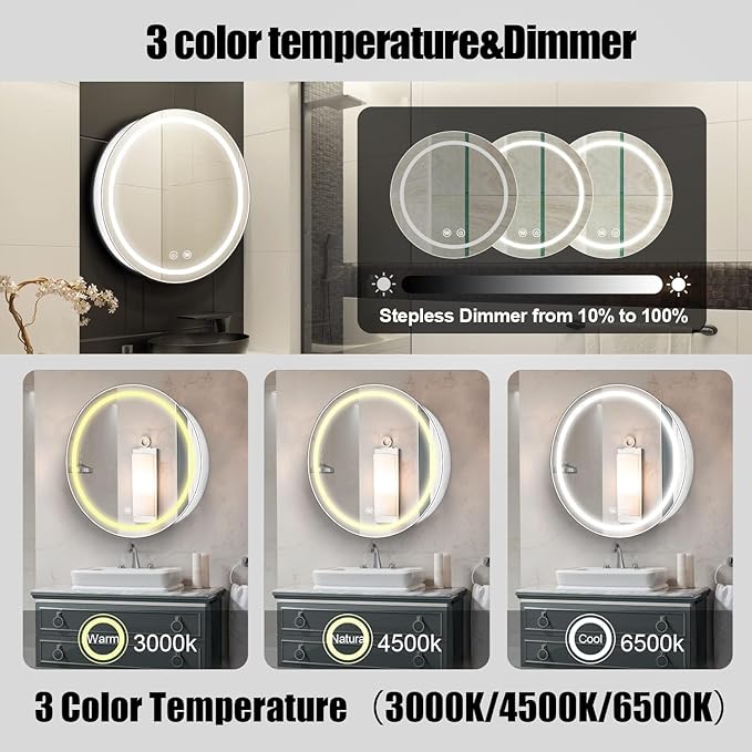 26inch Round Medicine Cabinet with Lights,Led Medicine Cabinet with Demister,Illuminated Bathroom Mirror Cabinet,Dimmable,Anti-Fog,3 Color Temperature,White