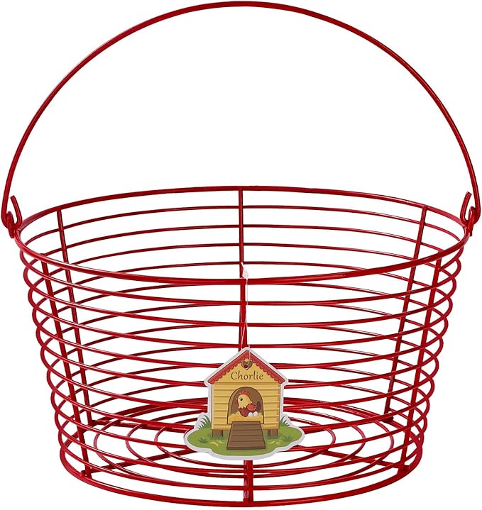Colorful Metal Mesh Wire Egg Collecting Basket with Handle Portable Garden Vegetable Fruit Storage Lightweight Hanging Collector for Farmhouse Gathering Kitchen Picnic (Red, Large - 12")