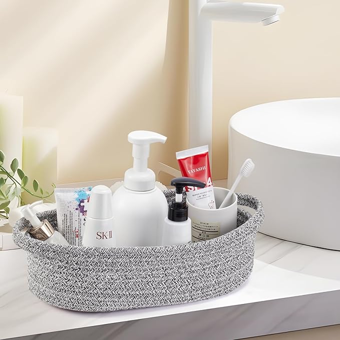 Small Toilet Paper Basket Woven Rope Toilet Tank Tray Back of Washroom Basket Organizer for Bathroom,Shelf Bedroom, Living Room, Nursery, RV. 12.6" L x 6" W ,Grey