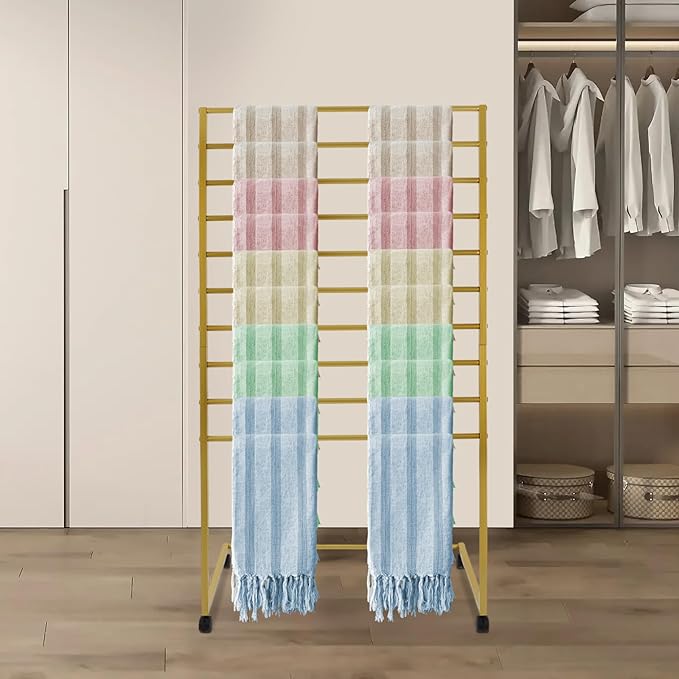 Scarf Organizer Stand, 10-Tier Freestanding Scarf Display Rack with Wheels, Metal Scarf Holder Belt Pants Hanger for Commercial Clothing Retail Store Home, 31.5" L x 15.75" W(Gold)
