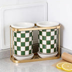 Ceramic Checkered Utensil Crocks with Gold Metal Rack, Black & White Grid Kitchen Utensil Storage, Farmhouse Kitchen Decor, Flatware Organizer & Home Accessory (Green)