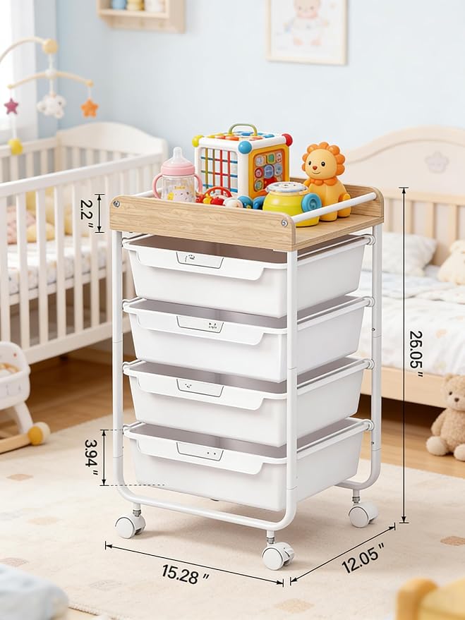 Rolling Craft Storage Cart with 4 Drawers,Utility Cart with Drawers,Art Craft Organizers and Storage,Kids Craft Cart,Kids Art Cart With DIY Lable and Wooden Tabletop Area,White