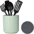 Cooking Utensils Holder for Kitchen Counter (H5.51” x W4.92”), Ceramic Crock for Kitchen Utensils, Cooking Spoon Holder for Countertop, Includes Silicone Drying Mat Green
