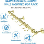 ROTHLEY Stainless Steel Pot and Pan Hanger - 39.4 Inch Wall Mounted Hanging Pots and Pans Rack for Kitchen Wall Rail with Hooks (Brass)