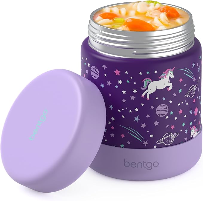 Bentgo Kids Stainless Steel Food Jar - 11oz Leak-Proof Double Insulated Hot or Cold Food Container with Removable Silicone Bumper, Dishwasher Safe, Easy Open Lid, Ages 3+ (Unicorn)