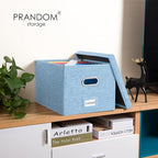 PRANDOM File Organizer Box - Set of 2 Collapsible Decorative Linen Filing Storage Hanging File Folders with Lids Office Cabinet Letter/Legal Size Blue (17x14x11.2 inch)