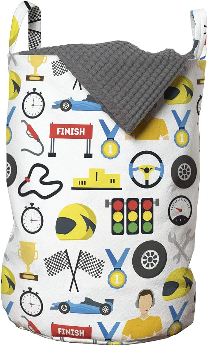 Ambesonne Race Car Laundry Bag, Cartoon Style Speedometer Flag Trophy Steering Checkered Flag Mechanic Items, Hamper Basket with Handles Drawstring Closure for Laundromats, 13" x 19", White Multicolor