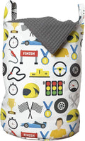 Ambesonne Race Car Laundry Bag, Cartoon Style Speedometer Flag Trophy Steering Checkered Flag Mechanic Items, Hamper Basket with Handles Drawstring Closure for Laundromats, 13" x 19", White Multicolor