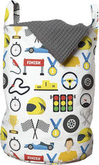 Ambesonne Race Car Laundry Bag, Cartoon Style Speedometer Flag Trophy Steering Checkered Flag Mechanic Items, Hamper Basket with Handles Drawstring Closure for Laundromats, 13" x 19", White Multicolor