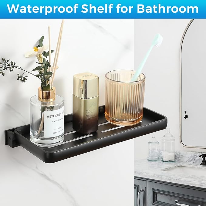Small Folding Wall Shelf for Bathroom & RV - 90° Fold Up and Waterproof, Small Floating Metal Shelf for Laundry Room, Toilet Room & Sink Side, Aluminum, Save Space (2-Pack, Black)